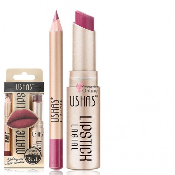 Ruj solid pentru buze 2 in1 USHAS GOLD Long Lasting Matte & LipLiner Cod 03B Ruby